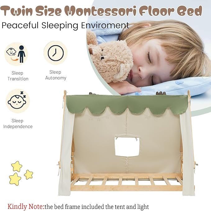 Montessori Floor Bed Twin with Tent & Light, Wood Twin House Beds for Kids, DIY Playhouse, Low-Profile Teepee Bed, Playful Indoor Adventure & Sleep for Girls Boys,Natural+White
