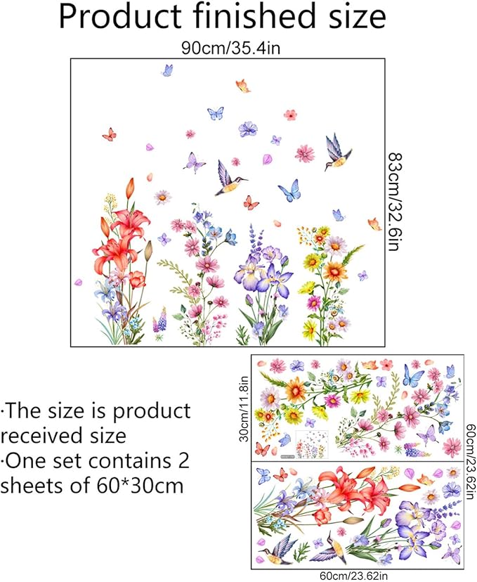 Flower Wall Decals Lily Flower Butterfly Bird Floral Wall Stickers Colorful Cute Cartoon Wall Decor for Living Room Kids Room Playroom Home Wall Decor