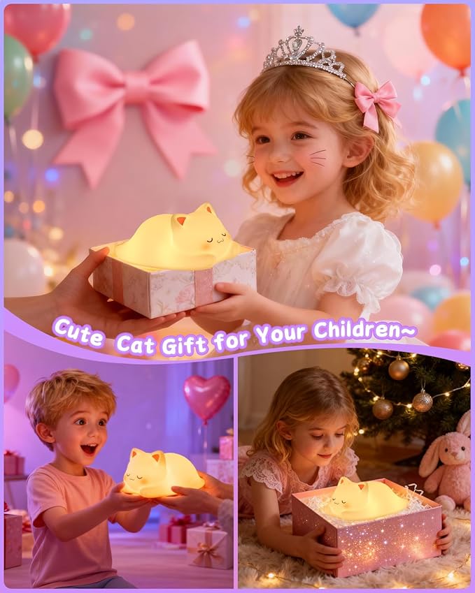 ZKLiLi Night Light for Kids Cute Cat Lamp,16 Colors+Tap+Remote+Silicone Kids Cute Cat Lamp Gifts,USB Remote Rechargeable Cat Night Lights for Room Decoration