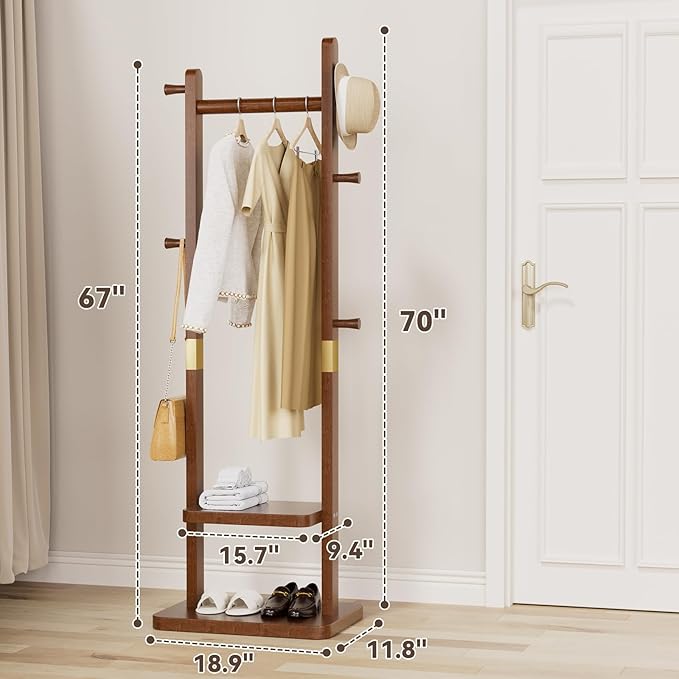 Coat Rack Freestanding Clothing Rack with Wheels & 2 Shelves Storage & 5 Hooks Heavy Duty Clothes Rack Wood Coat Tree Stand Hat Hanger Rack (Style 2 – Walnut Brown, Stationary Base (No Wheels), L)