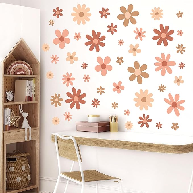 12 Sheets Daisy Wall Decals Boho Flower Wall Stickers Cute Kids Girls Room Decor Peel and Stick Floral Decals Toddler Nursery Playroom Living Room Bedroom Classroom Retro Hippie Decor Boho Style