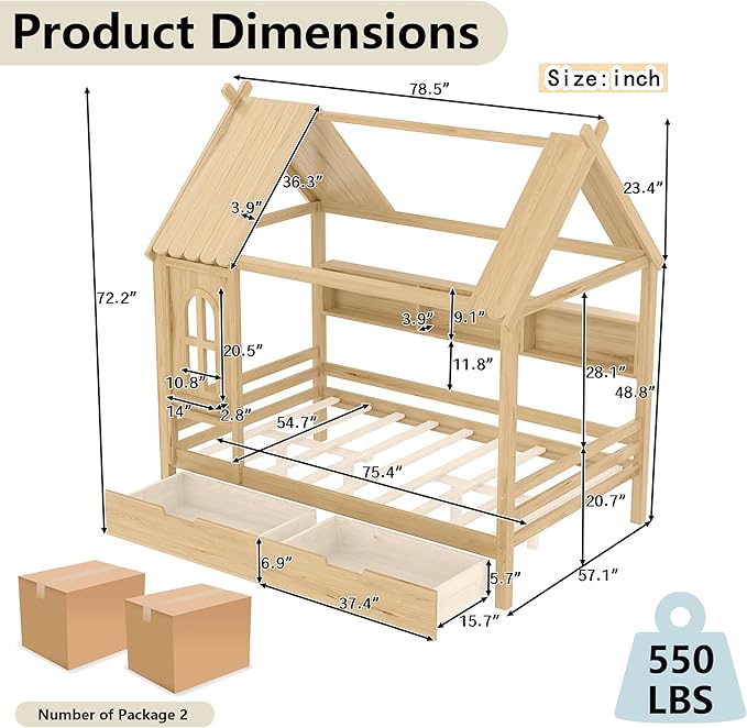 Full House Bed with Drawers and Window, Solid Wood House Platform Bed with Shelves, Full Bed Frame with House-shaped Roof for Kids, Boys, Girls, No Box Spring Needed and Childlike Design, Natural
