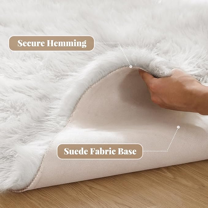 White Fluffy Faux Fur Rugs for Bedroom Sheepskin Machine Washable Shag Area Rugs for Living Room Small Circle Boho Round Rug 3ft