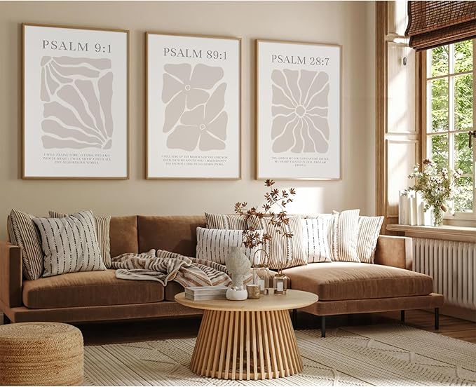 Joocrise Scripture Christian Wall Art Set of 3 Beige Bible Verses Wall Decor Neutral Psalm Canvas Wall Art Modern Pictures Flower Prints Christian Artwork for Living Room Bedroom 16x24 Inch Unframed