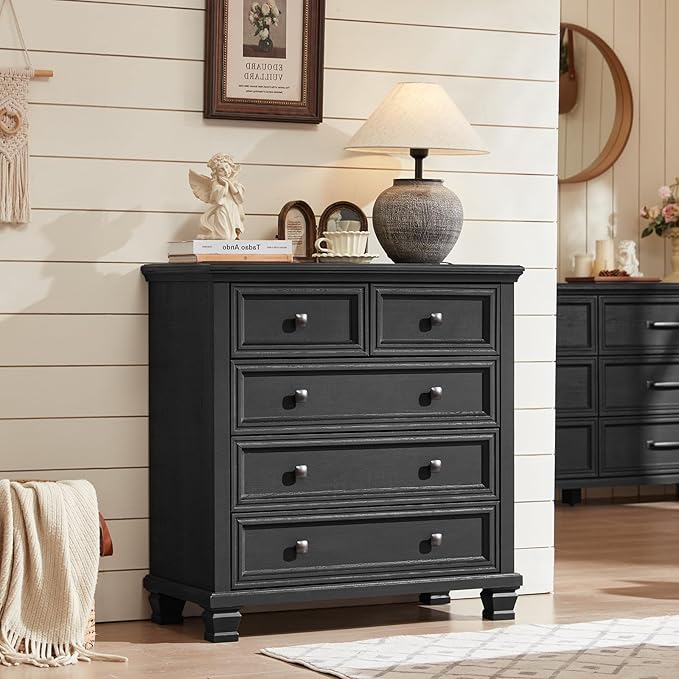 Farmhouse 5 Drawer Dresser for Bedroom, 32.6 Inch Tall Vintage Wood Chest of Drawers, Rustic Small Dressers w/Square Solid Wooden Legs, Mid-Century Storage Organizer for Living Room, Black