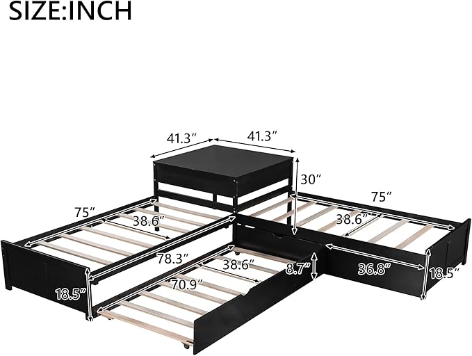 Harper & Bright Designs L-Shaped Platform Bed Frame with Trundle and Drawers Linked with Built-in Desk for Kids Boys Girls, Twin, Espresso