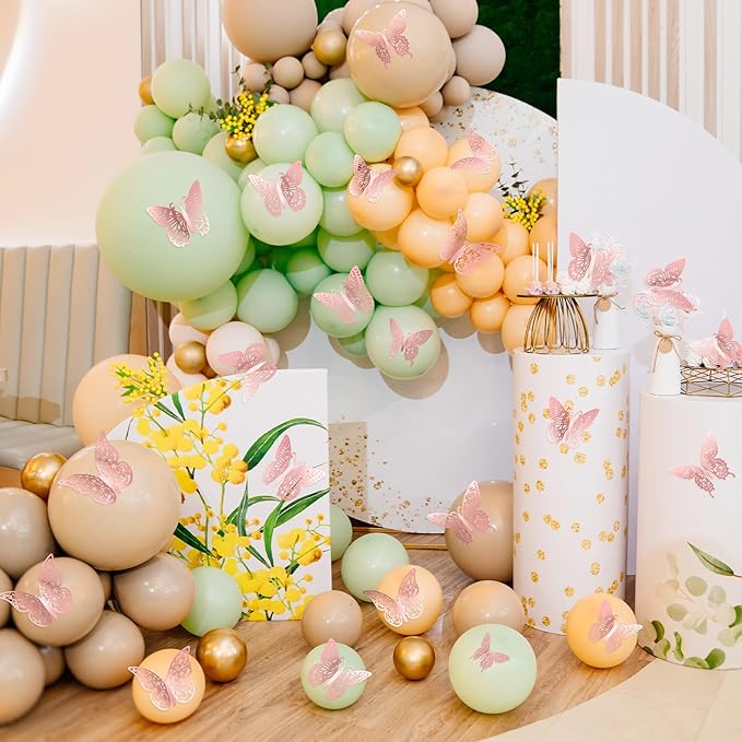 3D Gold Butterfly Wall Decor 3 Sizes 4 Styles Butterfly Party Decorations Cake Decorations Removable Stickers Wall Decor Room Mural Metallic Kids (Pink, 96Pcs)