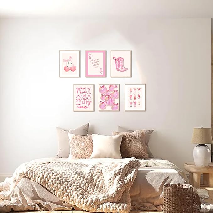 Uniro Coquette Room Decor Pink, Trendy Bows Wall Art Posters for Girls Dorm Bedroom Decor, Cute Coquette Posters, Coquette Wall Decor, Preppy Room Decor Aesthetic, Girly Wall Art Prints Ball Cherry Bow Room Decor for Apartment Decor- 8x10Inch|UNFRAMED