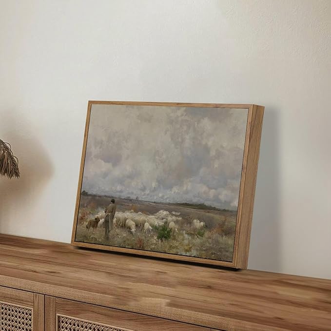 OIQArtOIQ Vintage Landscape Canvas Wall Art Framed Natural Scenery Painting Artwork Prints France Country Wilderness Farmhouse Decor Pictures Kitchen Bedroom Living Room Bathroom