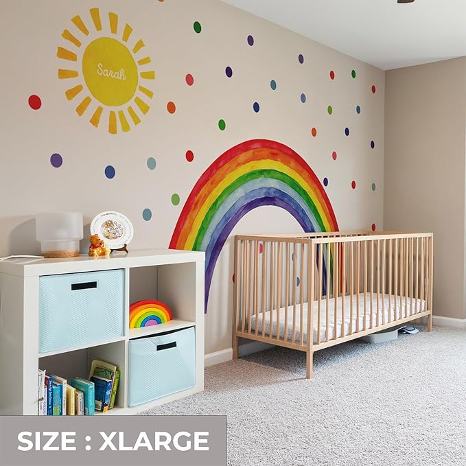 Watercolor Rainbow, Sun, Polka Dots Wall Decal for Kids Room, Nursery, Baby Room Decor, Polka Dots Mural, Rainbow Wallpaper (Vibrant Rainbow, XLarge)