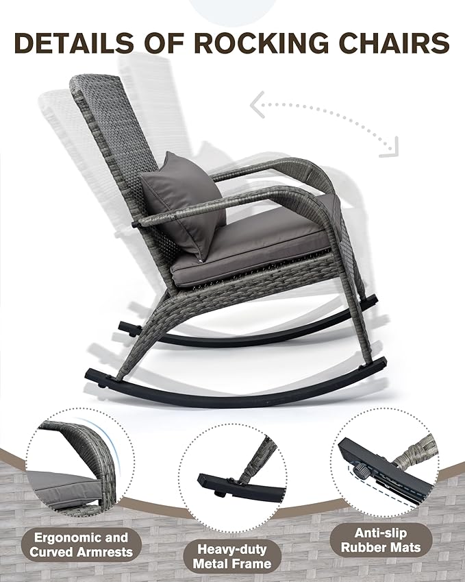 Outdoor Rocking Chair- Outdoor Glider Rattan Rocker Chair with Heavy-Duty Steel Frame- All Weather Rocker Chair for Garden, Porch, Backyard, Poolside (Grey, 320lbs)