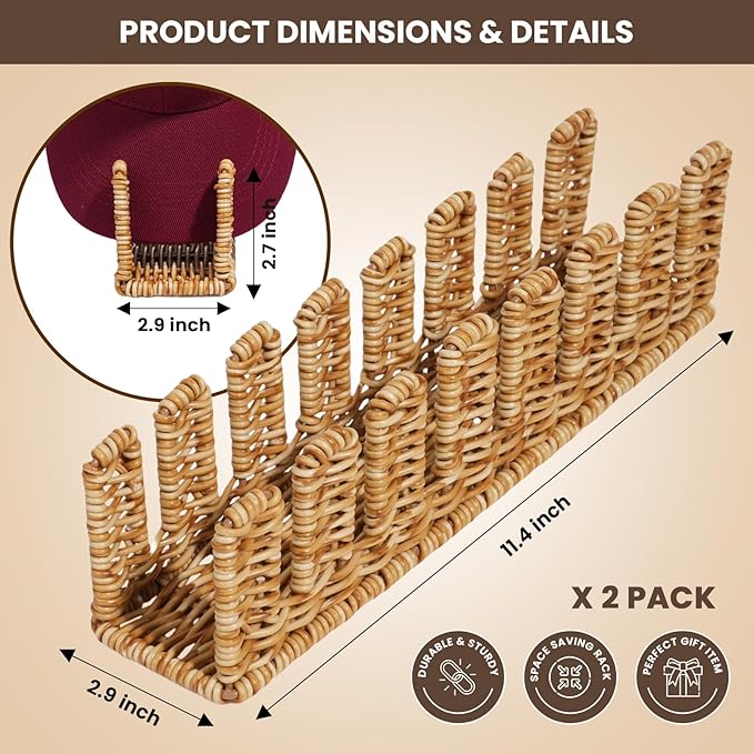 Synthetic Rattan Hat Organizer for Baseball Caps – Holds 14 Snapbacks, Trucker & Flat Brim Hats – Stylish Freestanding Display & Storage Rack for Closet, Bedroom, Entryway (2-Pack, Natural)