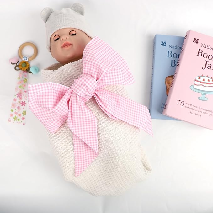 Newborn Swaddle Sash, Soft Cotton Bow Decorative Strap for Swaddles, Adorable Maternity Bow Sash, 70x5.5 Inch, Pink Plaid