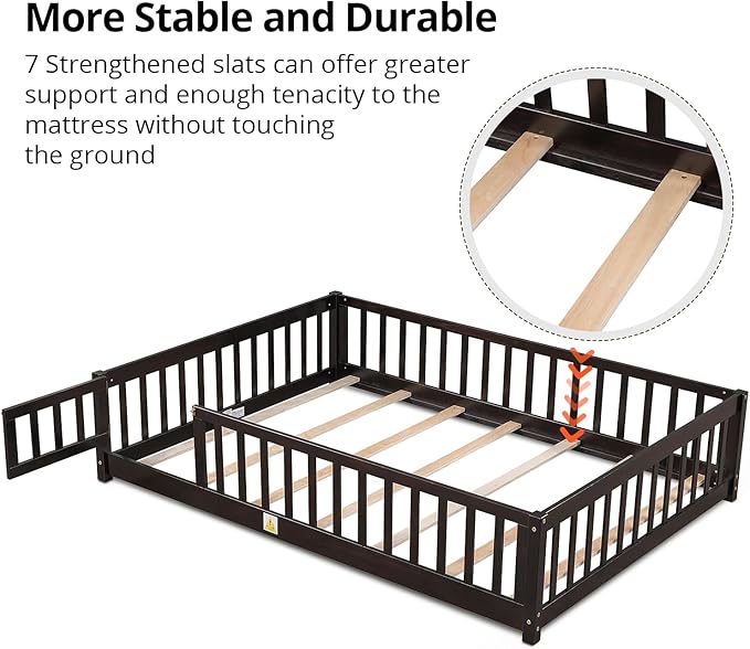 Twin Size Wood Montessori Bed Frame with Wood Slats, Fence & Door for Children Girls and Boys, Espresso (with Bed Slats)