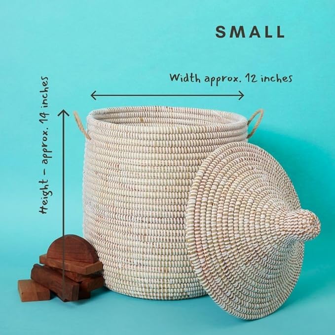 Wicker Basket, Storage & Organization, Home Decor, Laundry Hamper Bedroom, Baby Nursery Toys Bin, Blankets Storage Living Room, Bathroom Towels Holder, Woven, Round, Lid, Handles, White, Medium