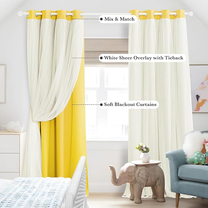 PONY DANCE Curtains 84 Inch Length - Double Layered Curtain Mix and Match Room Darkening Curtains with White Sheer Overlay Elegance Window Drapes for Kids Room with Tiebacks (One Pair, Lemon Yellow)
