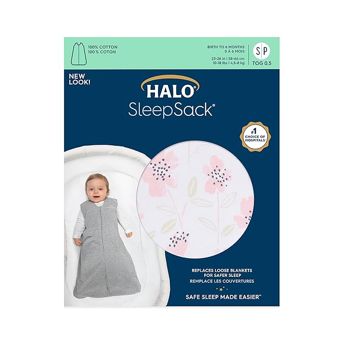 HALO SleepSack, 100% Cotton Wearable Blanket, Swaddle Transition Sleeping Bag, TOG 0.5, Wildflower Blush, Small, 0-6 Months