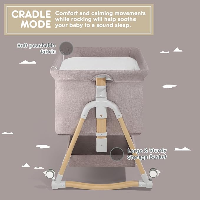 HARPPA Cuddly Bassinet, 3 in 1 Baby Bassinet, Rocking Bedside Bassinet with Wheels, 5 Height Adjustable, Includes Mosquito Net, Mattress, Anchor Strap