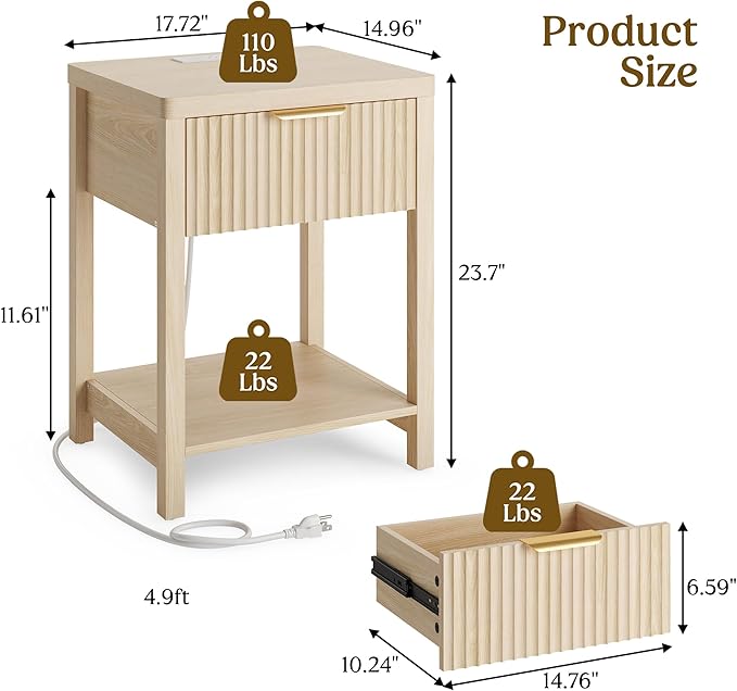 Lulive Night Stand Set 2, Fluted Nightstand with Charging Station, Wood Modern Bedside End Table with Storage Drawer for Bedroom, Save Space (Set of 2, Natural Oak)
