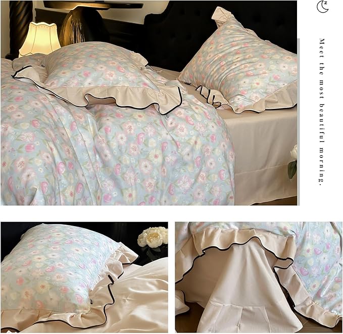 HighBuy Brushed Cotton Floral Ruffle Duvet Cover Full Size,Boho Chic Floral Bedding with Beige Edge,Breathable & Durable Bedding,Farmhouse Comforter Cover Sets 1 Duvet Cover and 2 Pillowcases