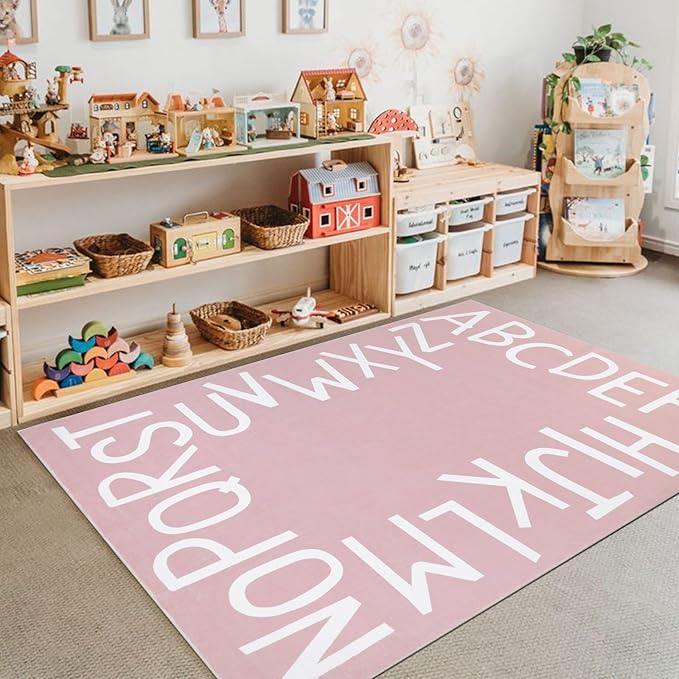 Topotdor Kids Play Rug Alphabet Nursery Area Rug Extra Large Soft Crawling Play Mat for Children Toddlers Bedroom (47x70 inch,Pink)
