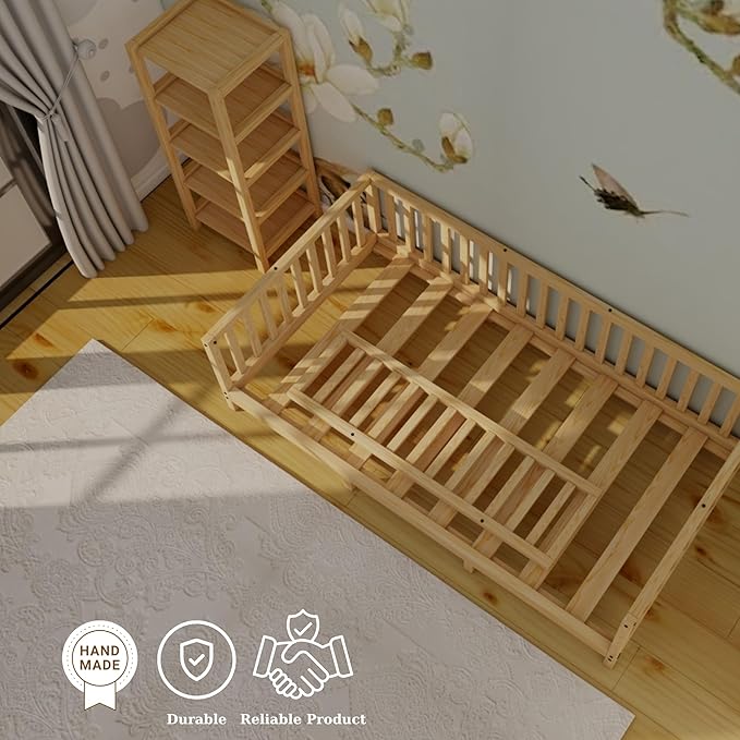 Montessori Floor Bed Designed with Open Front for Girls and Boys | Pine Wood Natural Solid Frame Beds Footed Model with Slats | Sturdy Designed Floor Bed Frame for Kids (King, Height : 23 Inches)