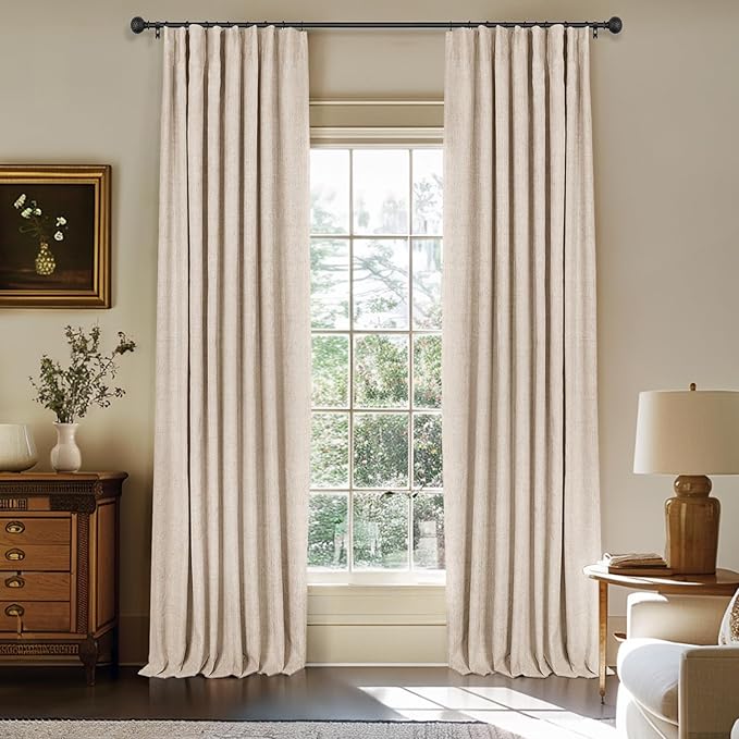 INOVADAY 100% Blackout Curtains for Bedroom, Black Out Curtains 108 Inch Long, Clip Rings Linen Blackout Drapes, Thermal Insulated Room Darkening for Living Room, 2 Panels - Oatmeal,W50xL108