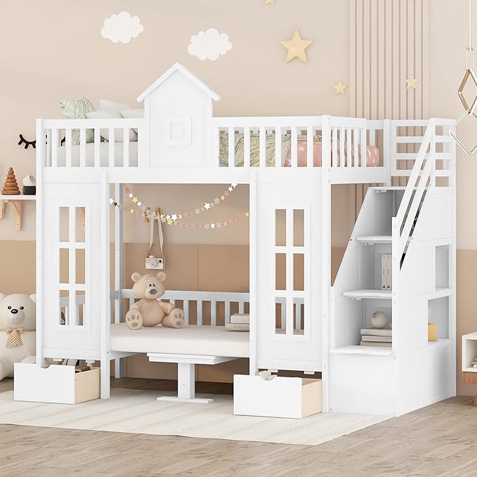 Playhouse Twin Size Loft Bed with Storage Staircase, Solid Wood Bunk Bed Frame with Guardrail for Kids Teens Boys Girls, Down Bed Convertible to Seats and Table Set (White-C)