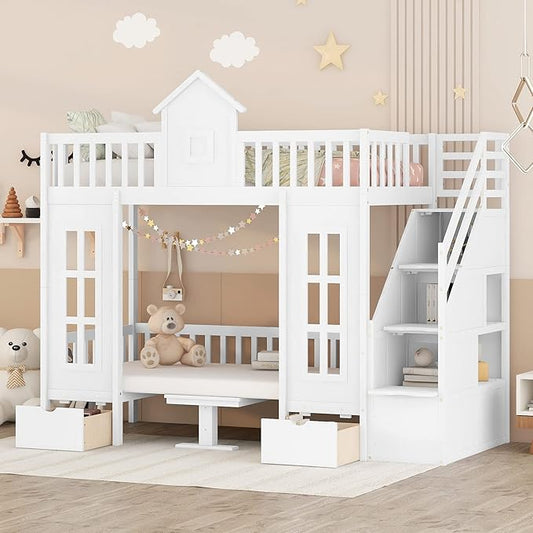 Playhouse Twin Size Loft Bed with Storage Staircase, Solid Wood Bunk Bed Frame with Guardrail for Kids Teens Boys Girls, Down Bed Convertible to Seats and Table Set (White-C)