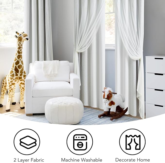 100% Blackout Curtains with Sheer Overlay Mix and Match Double Layer Drapes 54 Inch Length 2 Panels for Bedroom Living Room Grey White Ombre Grommet Window Treatment with Tiebacks