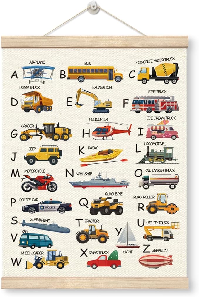 WDSXWH ABC Alphabet Truck Poster Hanger Frame, Transport Alphabet Poster for Toddlers, Construction Room Decor for Boys Kids Room Nursey Classroom Kids Playroom, Nursery Wall Art
