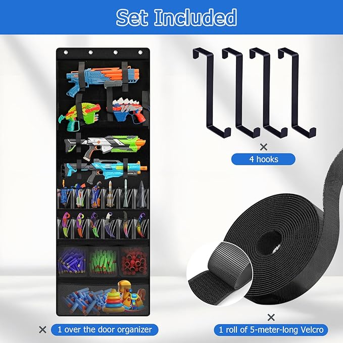 Over the Door Organizer for Toy Guns, Hanging Toys Storage with Clear Pockets and Slots for Kid Toy Guns, Claw Knife and Darts, Over the Door Storage for Kids Room and Game Room, Black