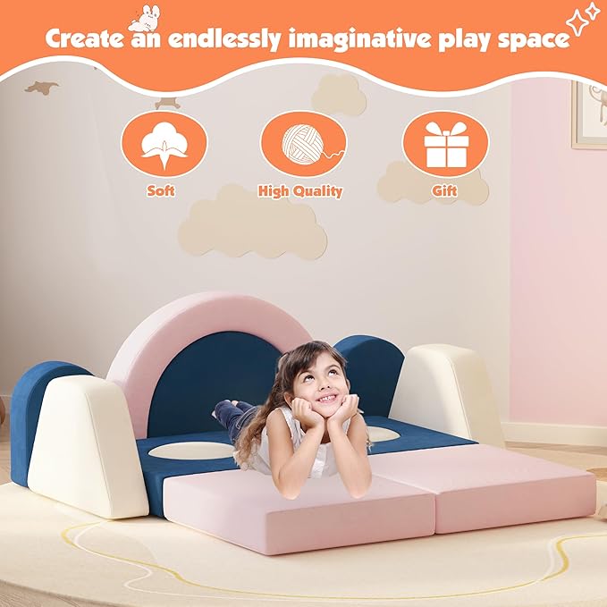 12 PCS Modular Kids Play Block Couch Child Sectional Soft Sofa Toddler Building Fortplay Climbing Bedroom Playroom Baby Convertible Floor Foam Cushion for Boys & Girls (Pink+Blue+Beige)