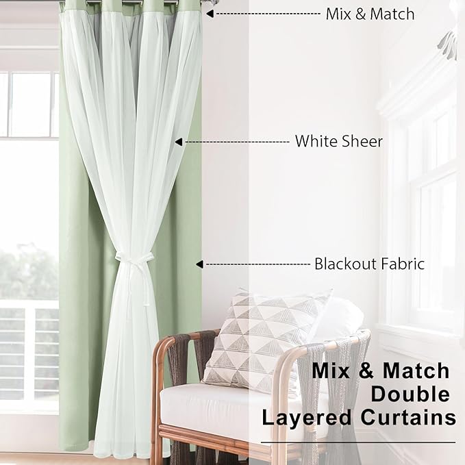Hiasan Blackout Curtains with Sheer Overlay, Thermal Insulated Mix & Match Double Layer Room Darkening Curtains for Bedroom, Living Room, Nursery, 2 Window Panels with Tiebacks, Seafoam, 52W X 84L