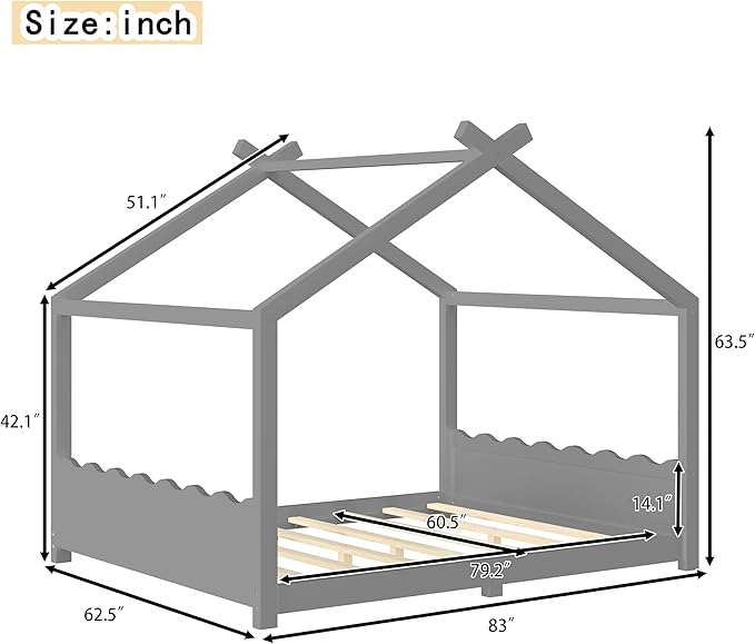Queen Size Wooden House Floor Bed - Kids Bed Frame with Roof & Support Slats for Bedroom, No Box Spring Needed, Easy Assembly (Grey)