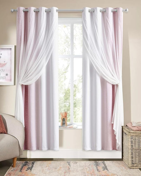 100% Blackout Curtains with Sheer Overlay Mix and Match Double Layer Drapes 72 Inch Length 2 Panels for Bedroom Living Room Pink White Ombre Grommet Window Treatment with Tiebacks