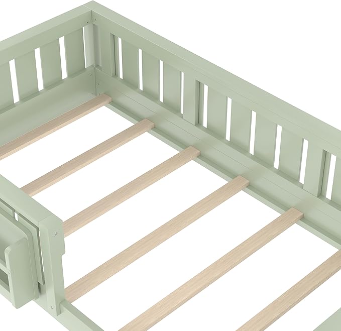 Bellemave Twin Size Floor Bed with high Rails and with Built-in Bookshelf for Kids, Girls, Boys, Wood Montessori Floor Bed Without Door, Avocado Green