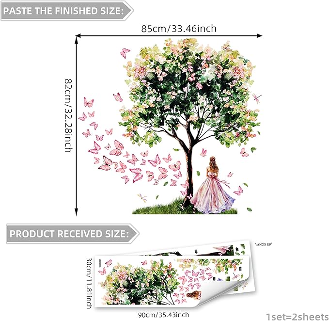 Fairy Garden Wall Decals, Pink Butterfly Large Tree with Princess Design, Removable Peel and Stick Nursery Decor, Cute Girls Room Wall Stickers, 33.5x32.3 Inch (Green Pink)