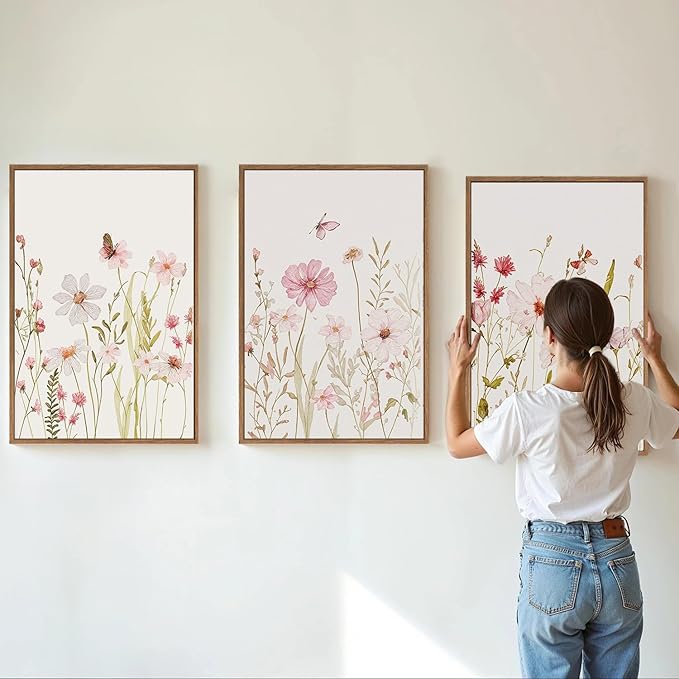 MTFBWY 3Pcs Framed Wildflower Canvas Wall Art – Pink Floral Wall Art Watercolor Prints, Pink Botanical Artwork, Colorful Flower Pictures Decor Printing for Living Room, Girls Bedroom, or Bathroom 16L" x 12W"
