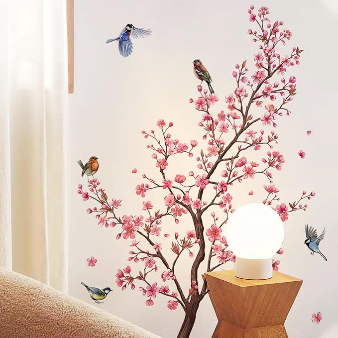 Pink Blossom Tree Wall Decals Birds on Branch Wall Stickers Pink Floral Wall Decor Flower Wall Decals for Bedroom Living Room Girls Room Nursery Office(Pink Blossom Tree)