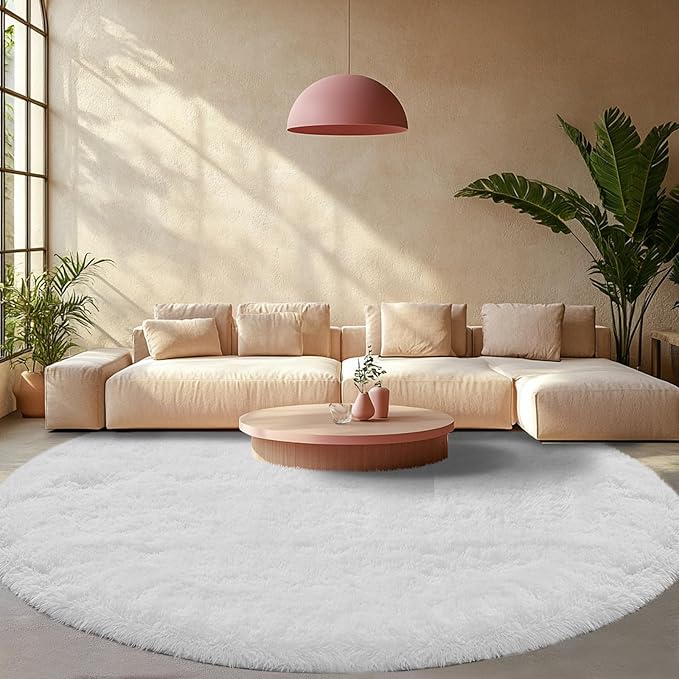 Round Area Rug for Living Room: White Shag Rugs for Bedroom- 8x8 Feet Fluffy Round Rugs for Living Room- Shag White Rugs Soft Plush Indoor Carpets for Bedroom, Nursery, 8ft