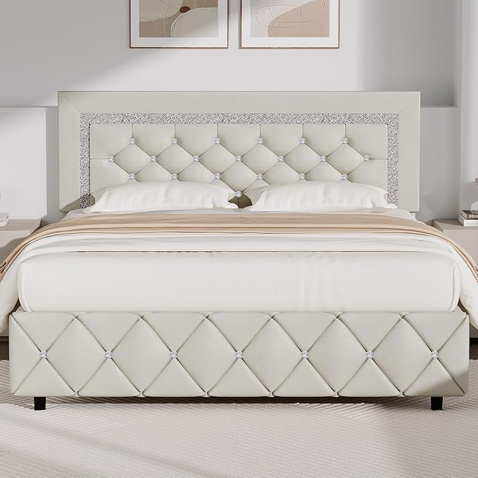BarnFurin Full Bed Frame with Diamond Tufted Headboard, Faux Leather Upholstered Bed with Wooden Slats Support, No Box Spring Needed, Mattress Foundation, Easy Assembly, Cream