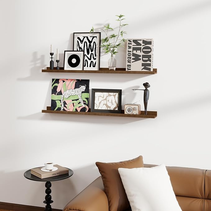 Fun Memories Picture Ledge Shelf, Pine Wood Floating Shelves Set of 2, 48 inch Nursery Book Shelves, Photo Ledge Book Shelves Wall Mounted for Living Room Kids' Room Bedroom - Walnut