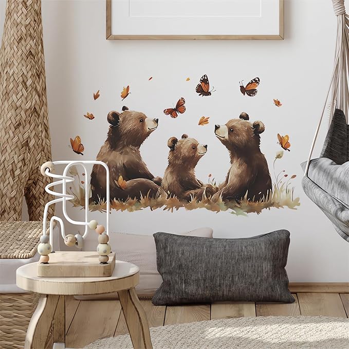 Cozy Brown Bear Family Wall Stickers, Baby Bear Butterfly Wall Decals Removable Vinyl Peel and Stick Boy Girl Nursery Bedroom Playroom Toddler Room Art Home Decorations