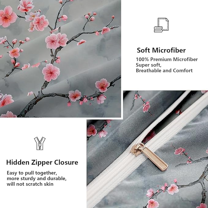 Grey Pink Cherry Blossom Duvet Cover Queen Size Japanese Cherry Blossoms Duvet Cover Set Vintage Floral Bedding Set Soft Microfiber Comforter Cover(2 Pillowcases, No Comforter)