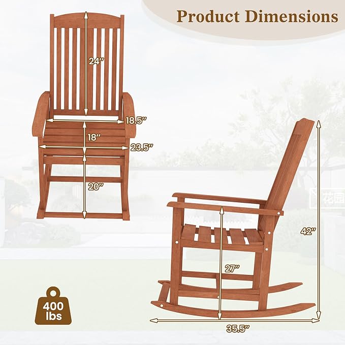 Giantex Outdoor Rocking Chair, Solid Wood High Back Rocker with Slatted Seat, Wide Armrests, Oversized Porch Rocker for Patio, Backyard, Garden and Lawn, 400 LBS Weight Capacity