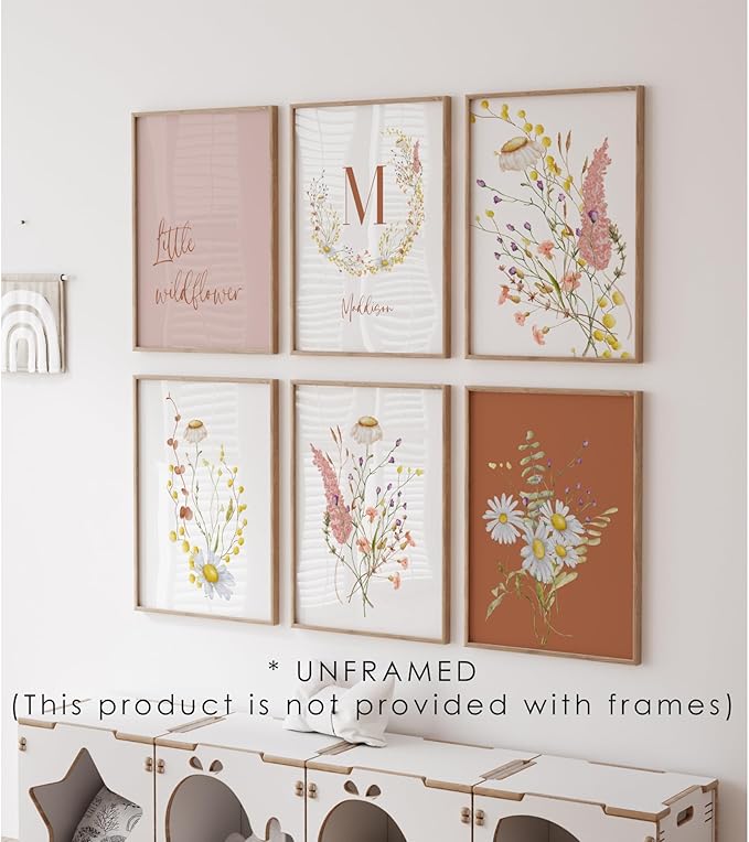 Personalized Name Flower Nursery Wall Art Prints, Crib & Nursery décor, Newborn Baby Girl Gift Present, Floral Baby Girl Room Pictures, Poster For Baby And Kids (6 Prints, Flower 5)