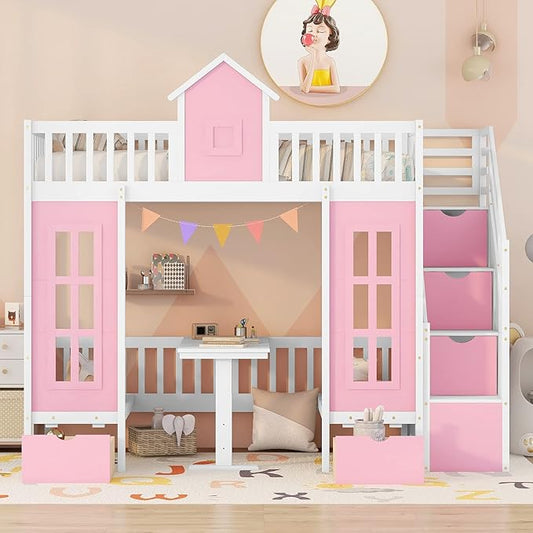 Playhouse Twin Size Loft Bed with Storage Staircase, Solid Wood Bunk Bed Frame with Guardrail for Kids Teens Boys Girls, Down Bed Convertible to Seats and Table Set (Pink-C)