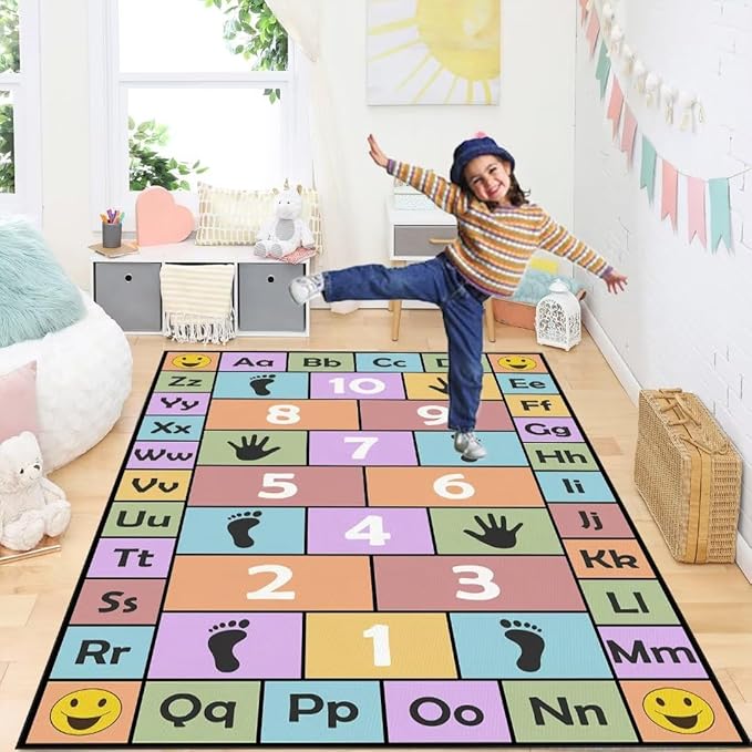 Kid Hopscotch Play Rug, ABC Alphabet Number Educational Carpet, Playroom Classroom Mat Non-Slip Washable (Pink 31x47 in)
