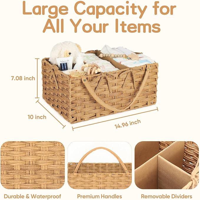Diaper Caddy Organizer, Hand Rattan Nursery Storage Basket for Baby Essentials, Baby Changing Table Organizer Perfect Nursery Assistant, Easy Assemble